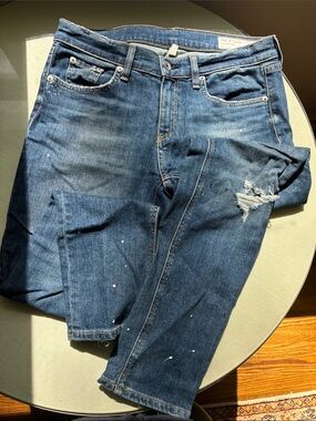 Rag and Bone sz 27 Dark Blue Distressed Straight Leg Jeans w splatter